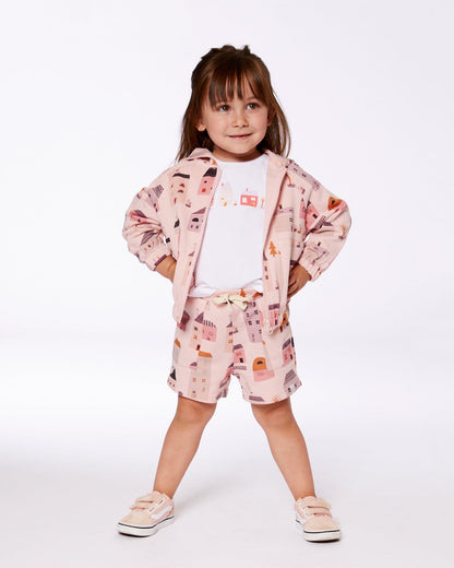 Printed French Terry Hoodie Cardigan Pink And Coral Houses-1