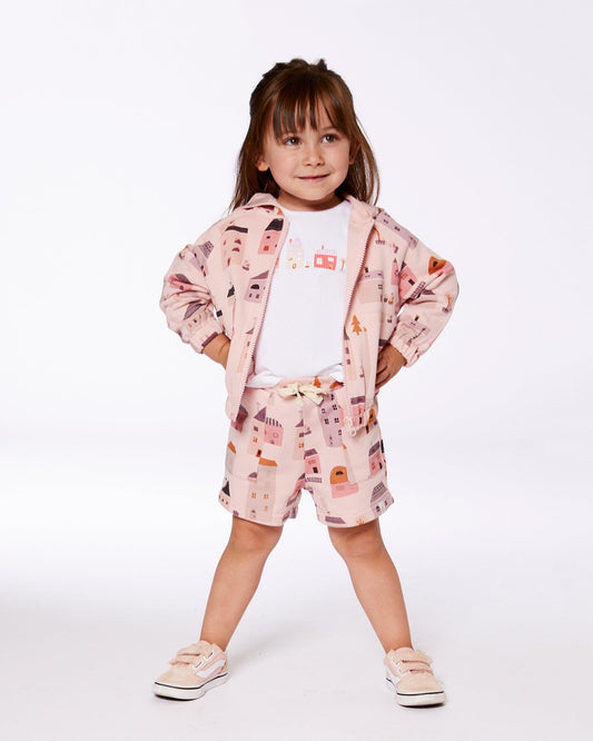 Printed French Terry Hoodie Cardigan Pink And Coral Houses-1
