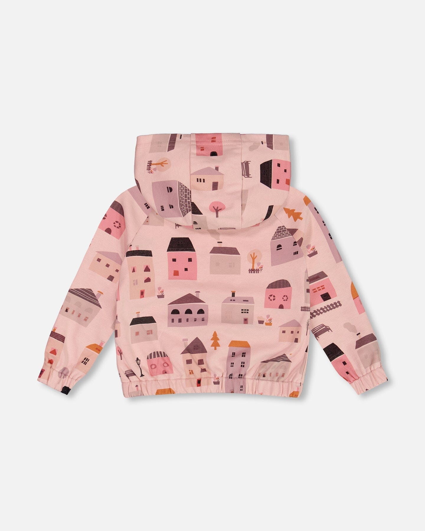 Printed French Terry Hoodie Cardigan Pink And Coral Houses-2