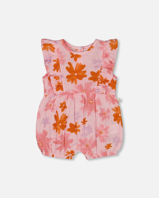 Printed Muslin Romper Pink And Coral Flowers-0