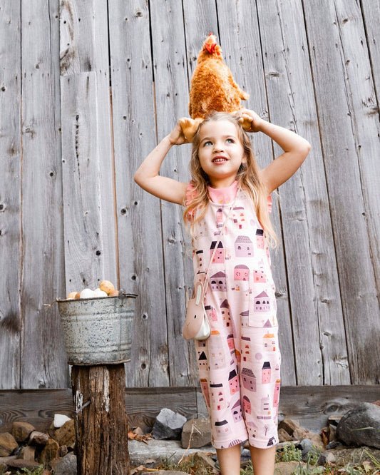 Printed French Terry Overalls Pink And Coral Houses-1