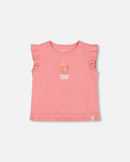 Rib Tank Top With Frills Coral Pink-0