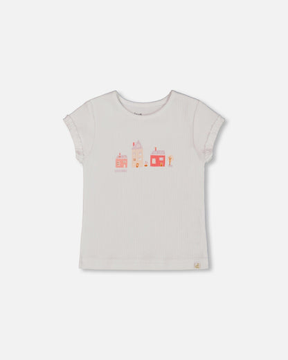 Flat Back Rib Top With Print White And Pink House-0