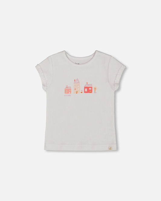 Flat Back Rib Top With Print White And Pink House-0