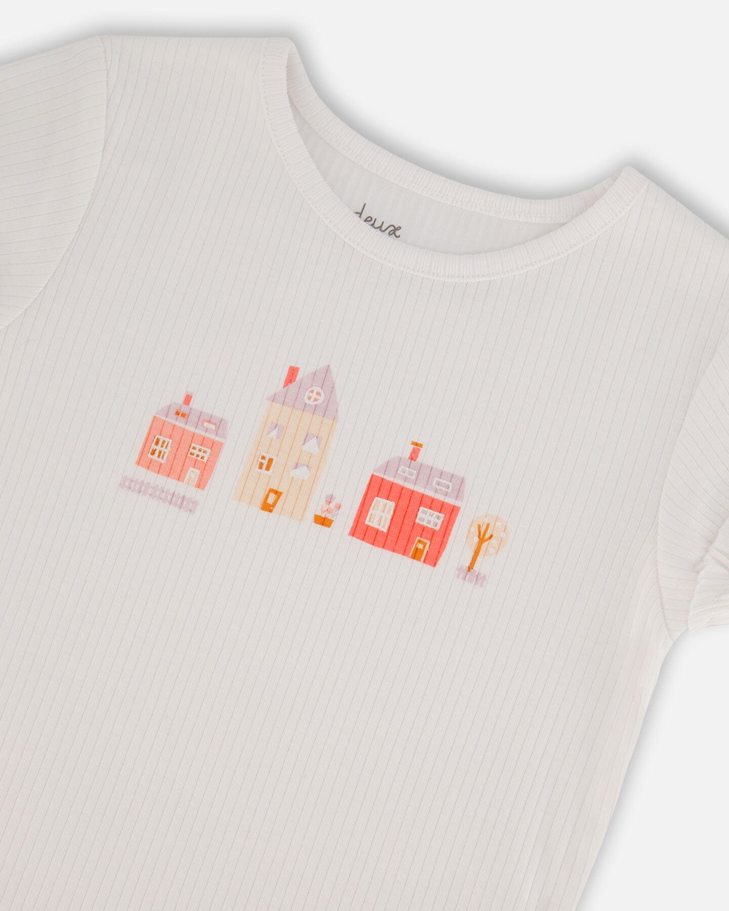 Flat Back Rib Top With Print White And Pink House-3