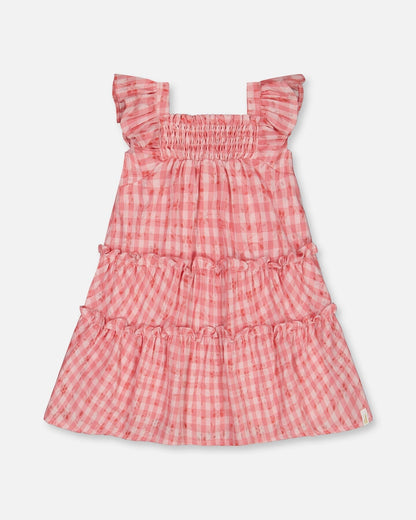 Smocked Layered Dress With Frill Sleeve Checked Pink-0