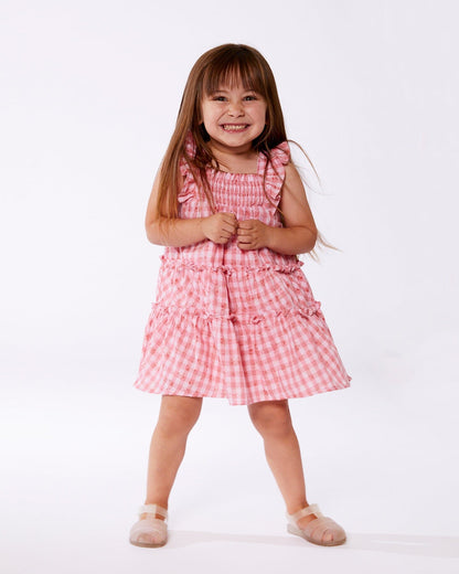 Smocked Layered Dress With Frill Sleeve Checked Pink-3
