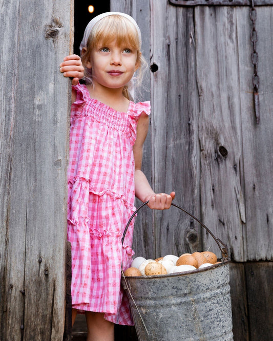 Smocked Layered Dress With Frill Sleeve Checked Pink-1