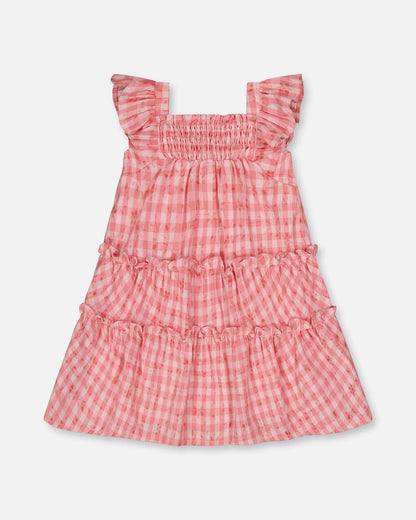 Smocked Layered Dress With Frill Sleeve Checked Pink-2