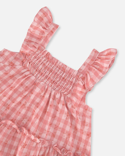 Smocked Layered Dress With Frill Sleeve Checked Pink-4