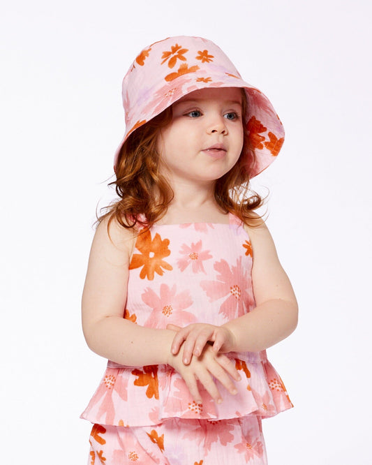 Printed Muslin Bucket Hat Pink And Coral Flowers-1