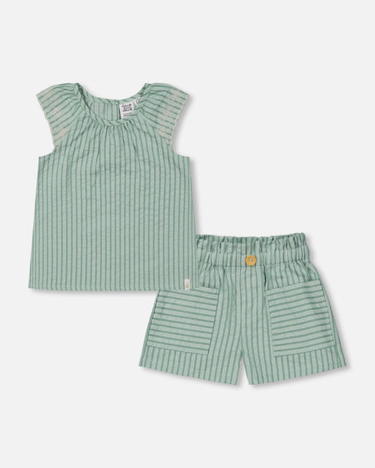 Chambray Blouse And Short Set Mint Green Striped-0