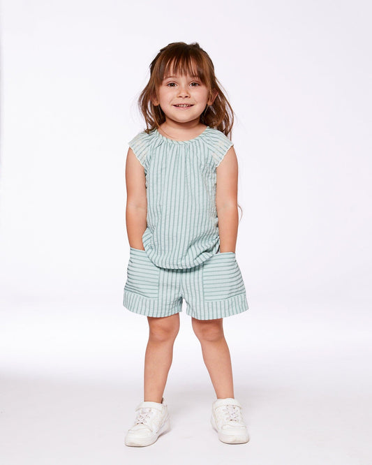 Chambray Blouse And Short Set Mint Green Striped-1
