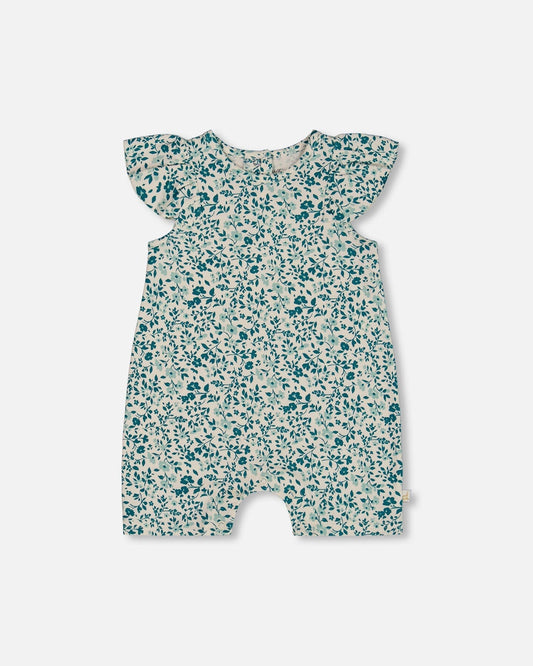 Printed Organic Cotton Romper With Frills Small Turquoise Flowers-0