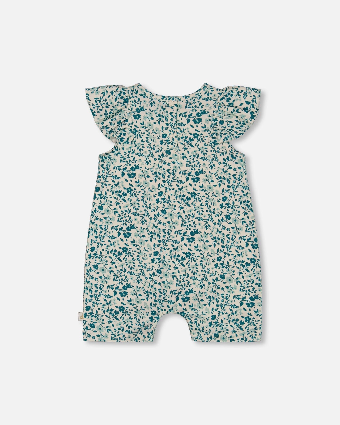 Printed Organic Cotton Romper With Frills Small Turquoise Flowers-1