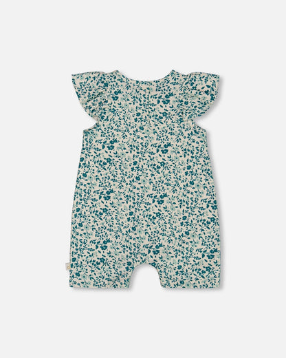 Printed Organic Cotton Romper With Frills Small Turquoise Flowers-1