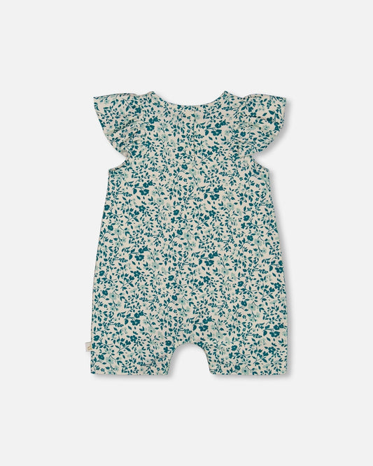 Printed Organic Cotton Romper With Frills Small Turquoise Flowers-1