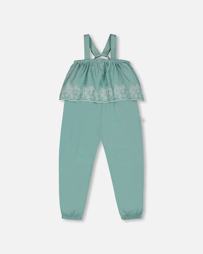 Chambray Jumpsuit With Embroidery Light Blue-0