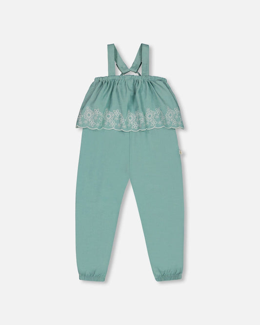 Chambray Jumpsuit With Embroidery Light Blue-0