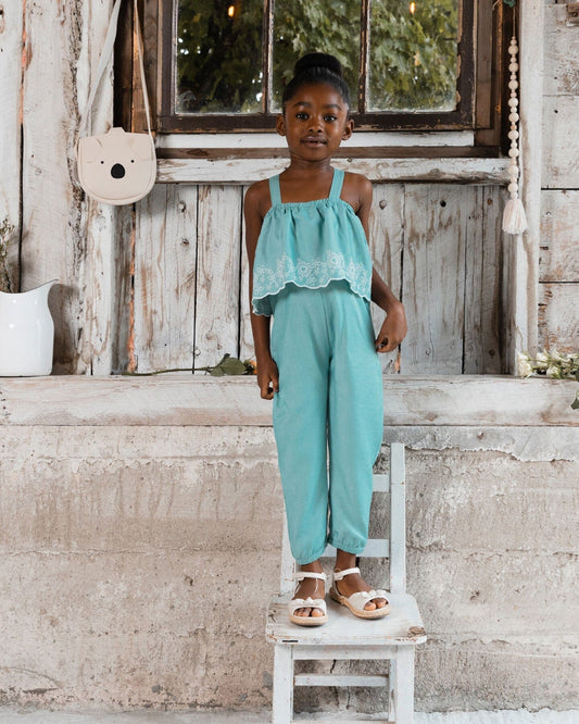 Chambray Jumpsuit With Embroidery Light Blue-1