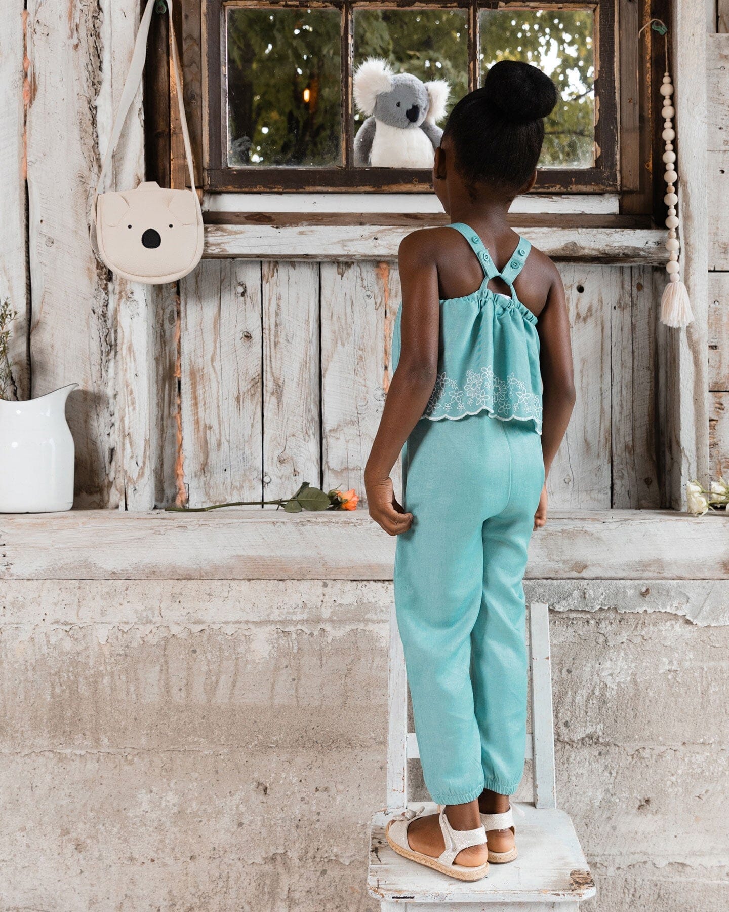 Chambray Jumpsuit With Embroidery Light Blue-3