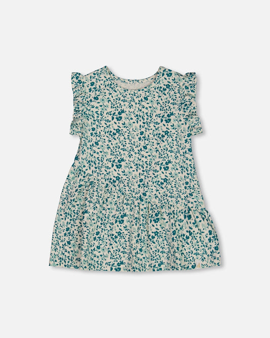Printed Organic Cotton Tunic Top Small Turquoise Flowers-0
