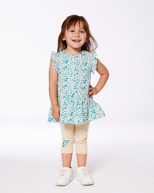 Printed Organic Cotton Tunic Top Small Turquoise Flowers-1