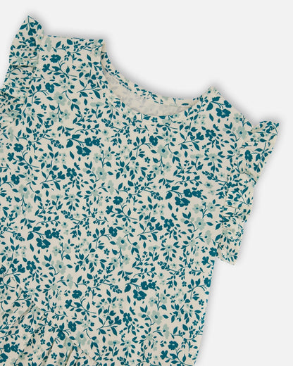 Printed Organic Cotton Tunic Top Small Turquoise Flowers-3