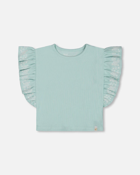 Flat Back Rib Tee With Embroidery And Frills Pale Teal-0