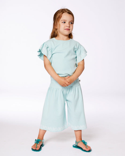 Flat Back Rib Tee With Embroidery And Frills Pale Teal-1