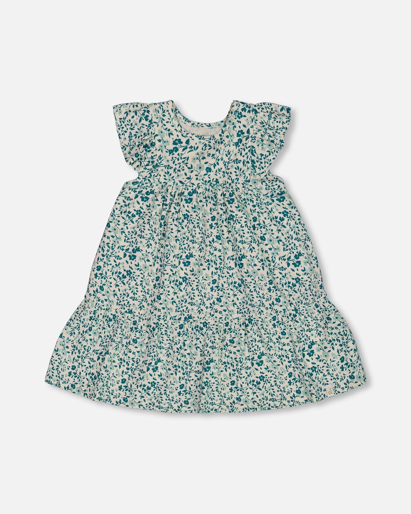 Printed Organic Cotton Dress Small Turquoise Flowers-0