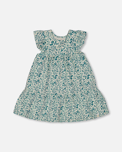 Printed Organic Cotton Dress Small Turquoise Flowers-0