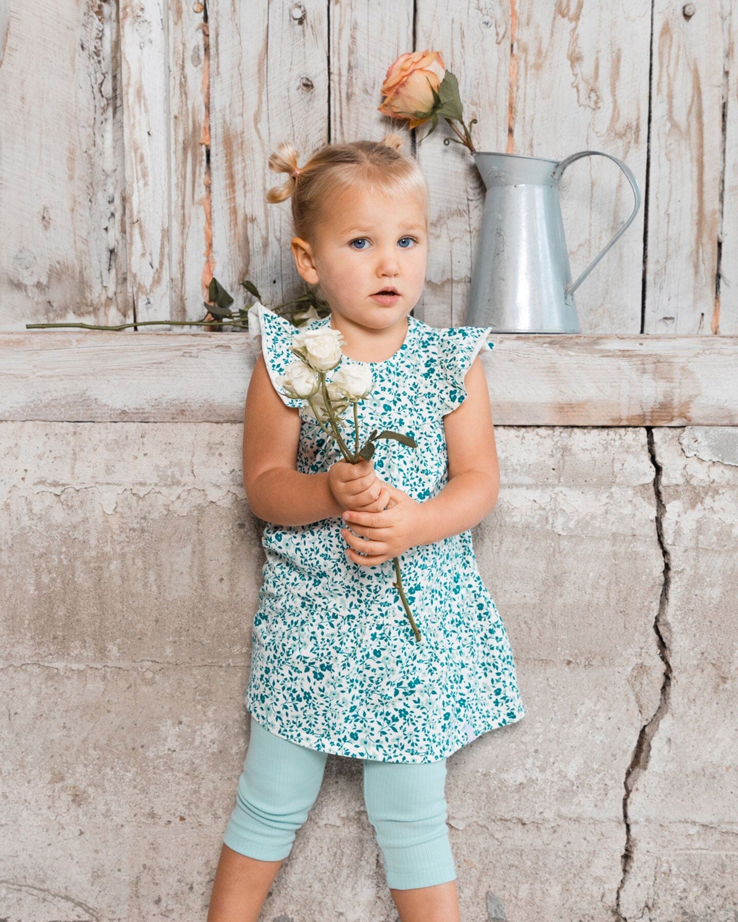 Printed Organic Cotton Dress Small Turquoise Flowers-1