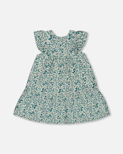 Printed Organic Cotton Dress Small Turquoise Flowers-3