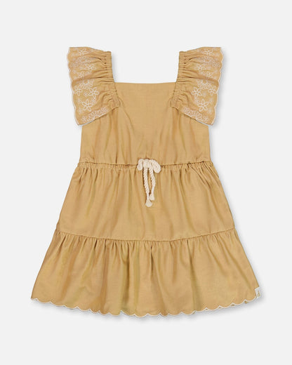 Chambray Dress With Embroidery Golden Beige-0