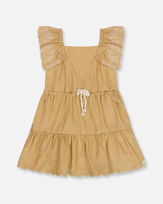 Chambray Dress With Embroidery Golden Beige-0