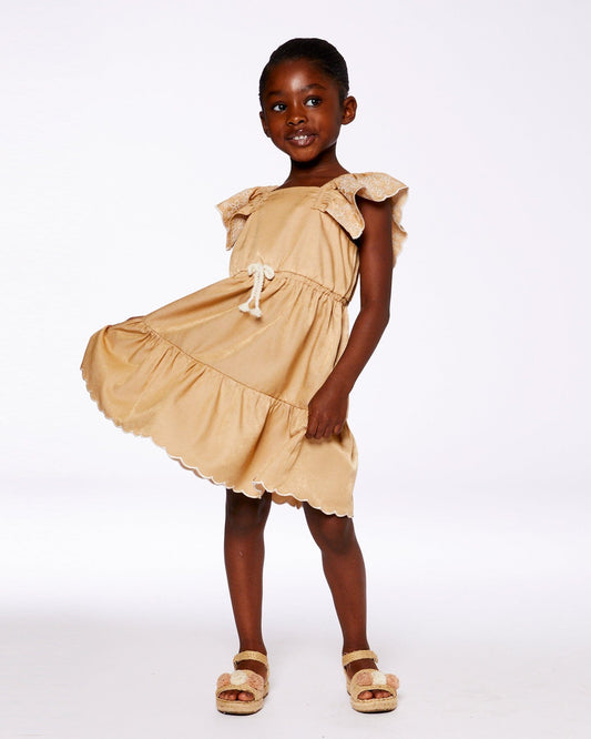 Chambray Dress With Embroidery Golden Beige-1