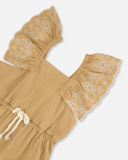 Chambray Dress With Embroidery Golden Beige-3