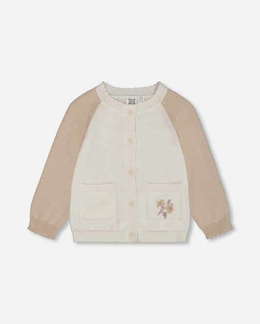 Raglan Sleeve Cardigan Sweater With Embroidery Cream And Beige-0