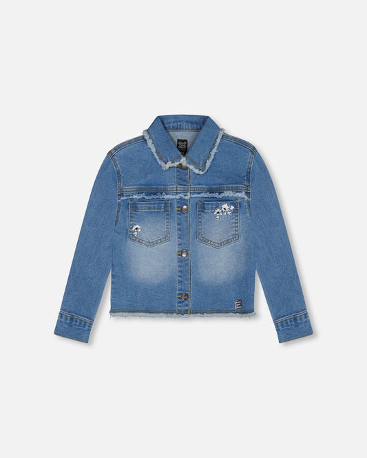 Frayed Denim Jacket With Embroidery Jeans Blue-0