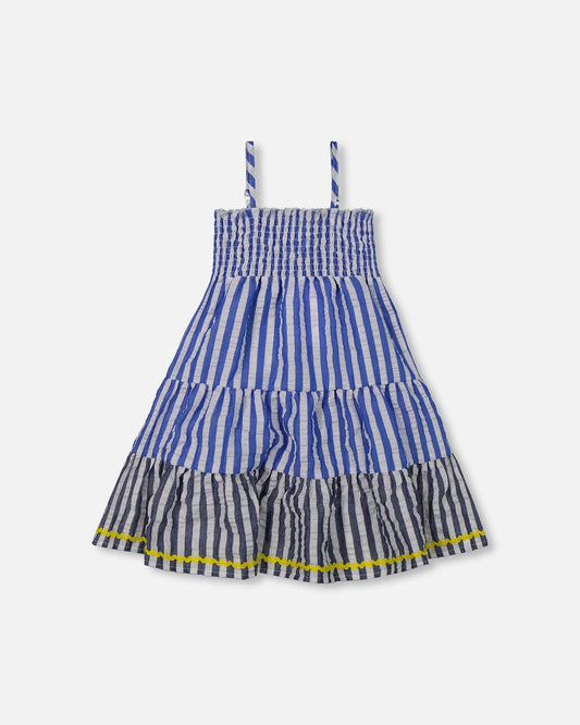 Smocked Seersucker Peasant Dress Blue And White Striped-0