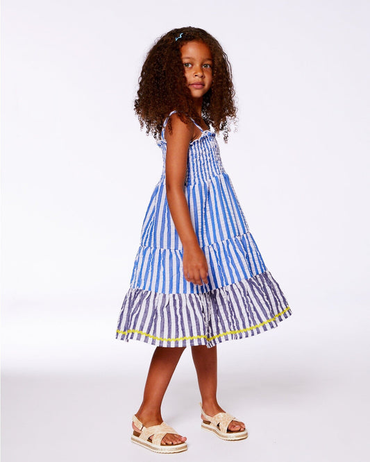 Smocked Seersucker Peasant Dress Blue And White Striped-1