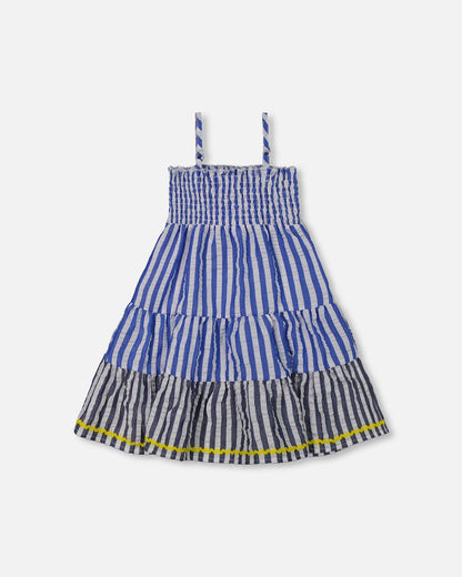 Smocked Seersucker Peasant Dress Blue And White Striped-2
