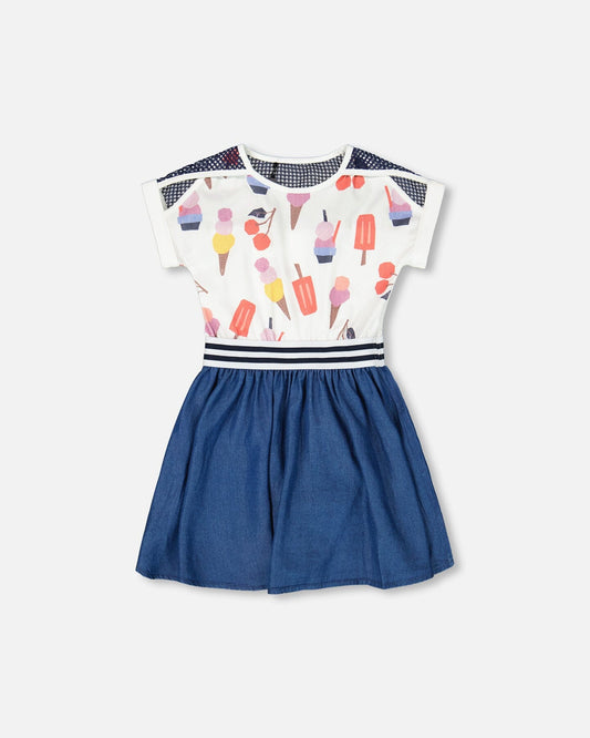 Bi-Material Organic Cotton And Chambray Dress Multicolored And Denim-0