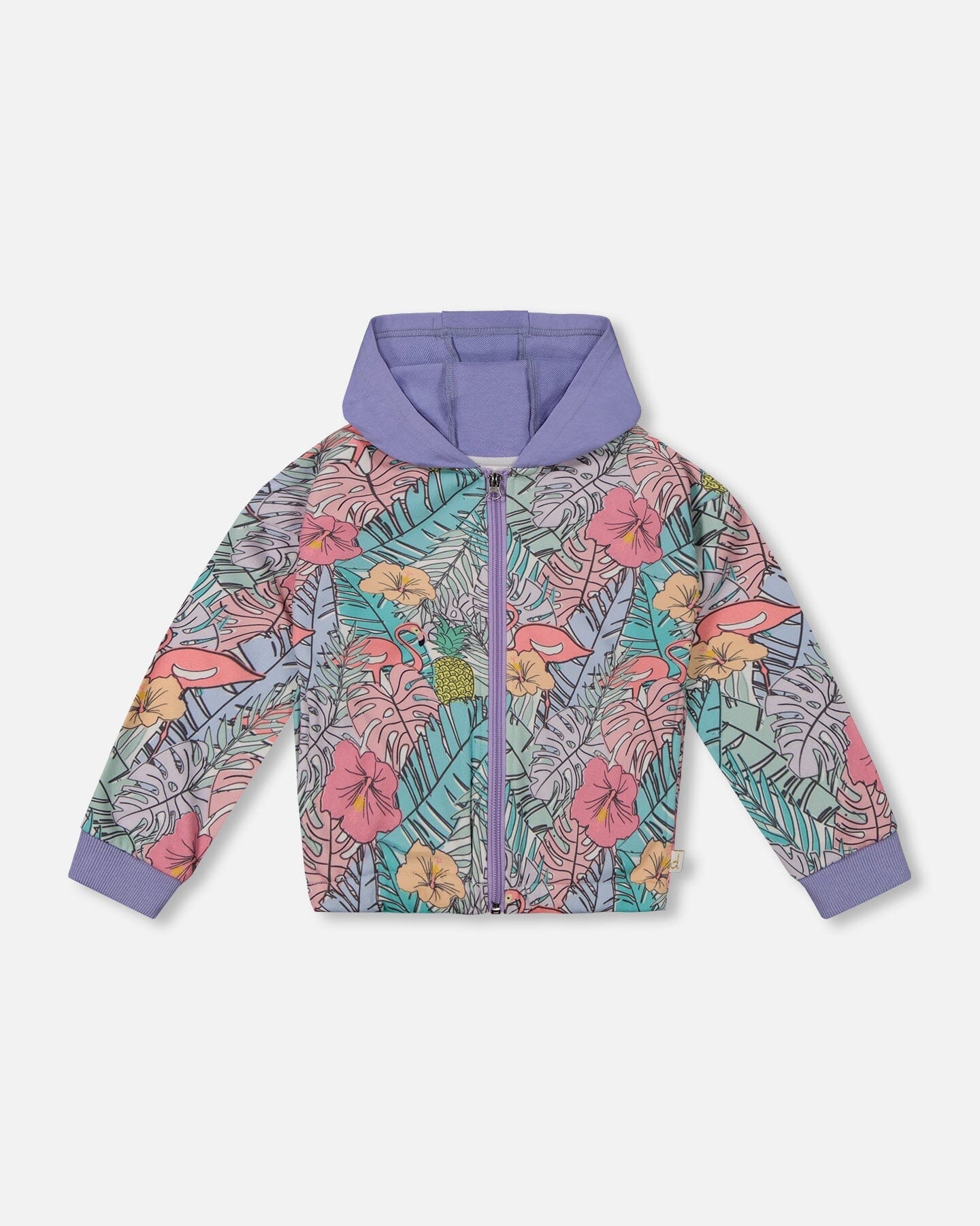 Printed French Terry Hoodie Cardigan Lilac Tropical And Pink Flamingos-0