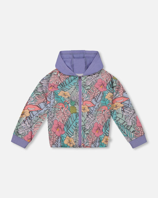 Printed French Terry Hoodie Cardigan Lilac Tropical And Pink Flamingos-0