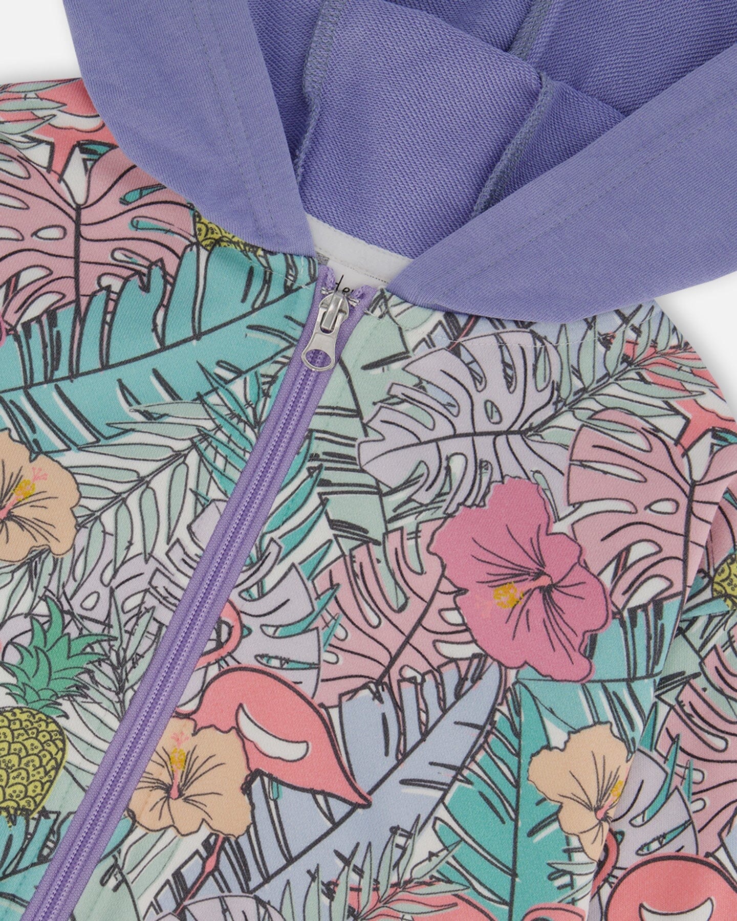 Printed French Terry Hoodie Cardigan Lilac Tropical And Pink Flamingos-4