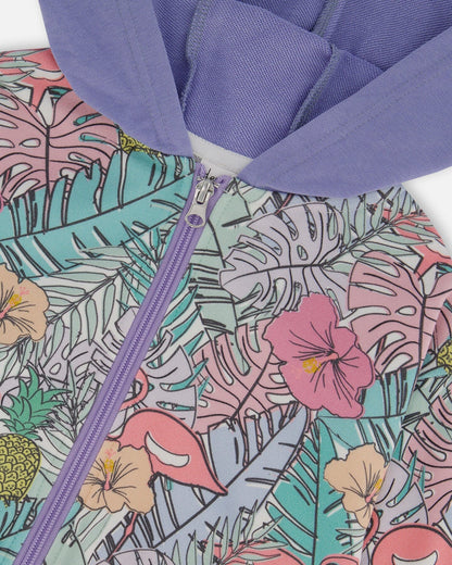 Printed French Terry Hoodie Cardigan Lilac Tropical And Pink Flamingos-4