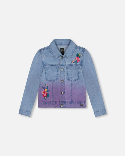 Denim Jacket With Embroidery Floral Jeans Blue-0