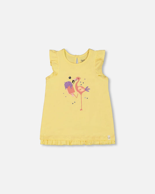 Organic Cotton Tunic With Frill And Print Yellow And Flamingo-0